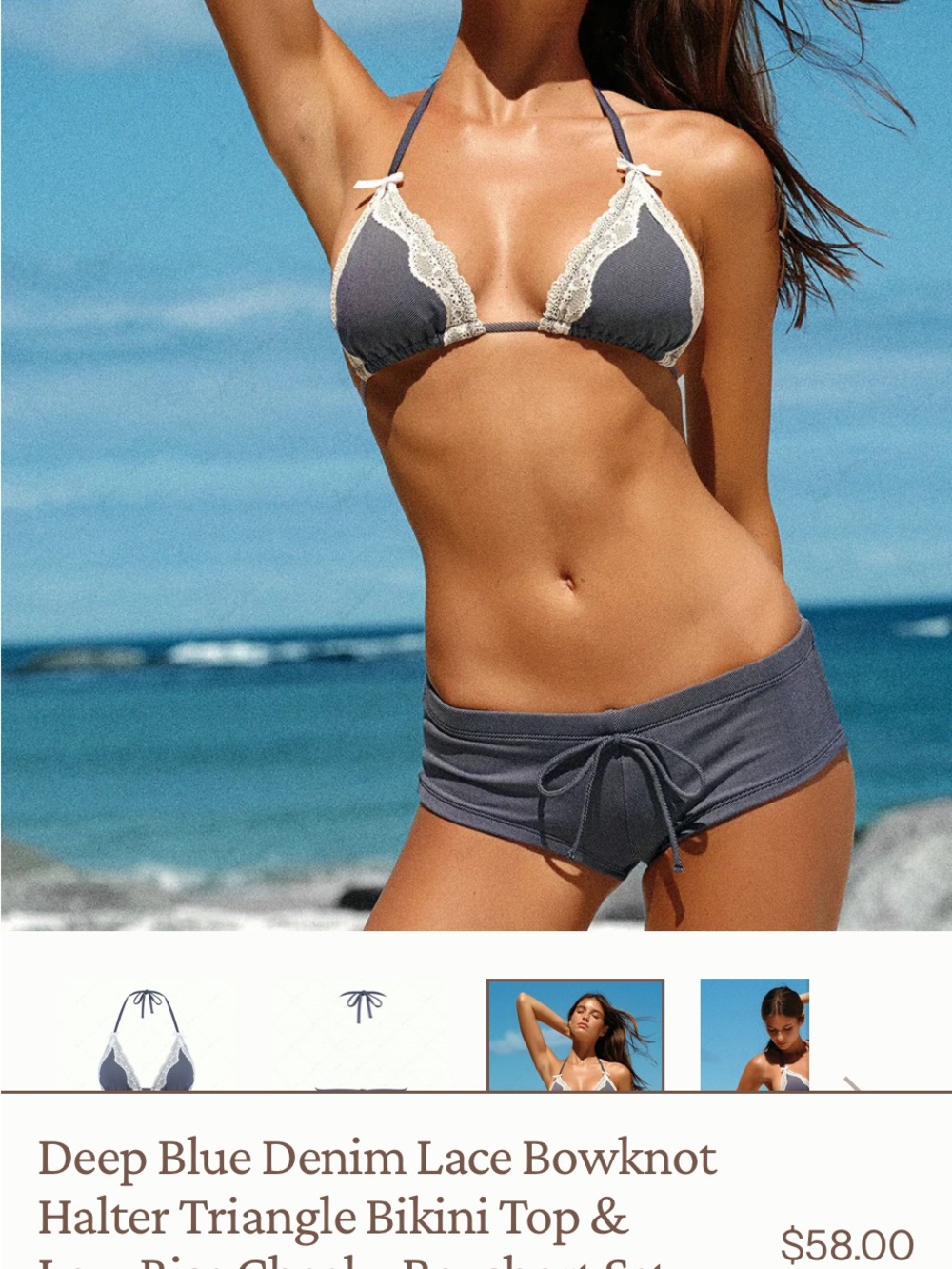 Women's Janet Deep Blue Lace Trim Halter Bikini Set- too small bottom xs
